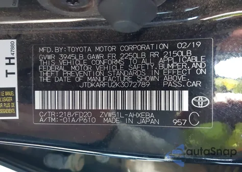 2019 Toyota Prius Le from USA, damaged, VIN JTDKARFU2K3072789